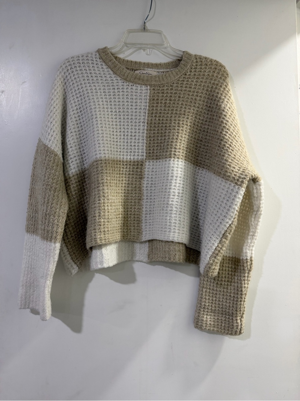 Jessica Simpson Colorblock Waffle-Knit Cropped Sweater in Cream & Tan